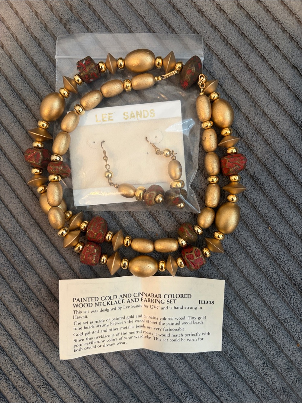 Lee Sands Gold and Cinnabar Wooden Bead Necklace and Earring Set